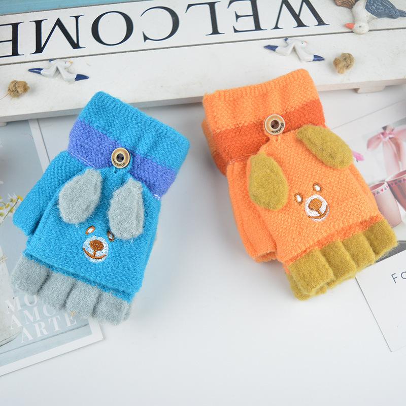 New Older Children's Half-finger Flip Gloves Winter Student Writing Knitted Thermal Gloves Cartoon Cute Gloves