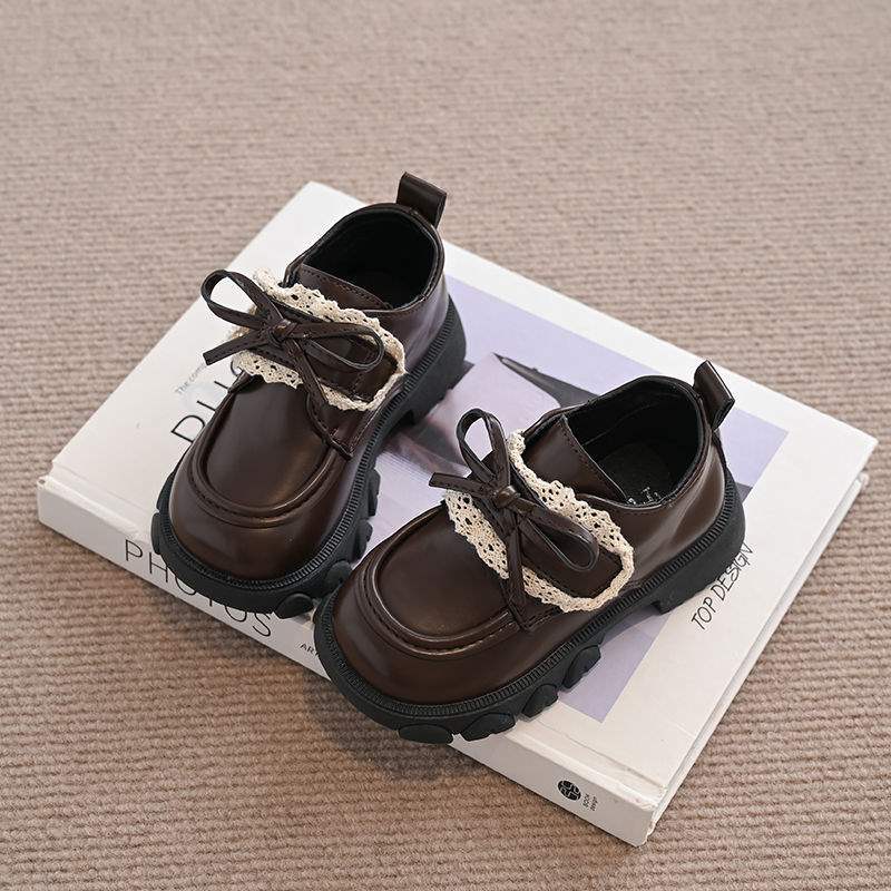 2025 Autumn New Fashion Korean Version of Girls Lace Bow Princess Leather Shoes Soft Sole Non-slip Loafers Outer Wear