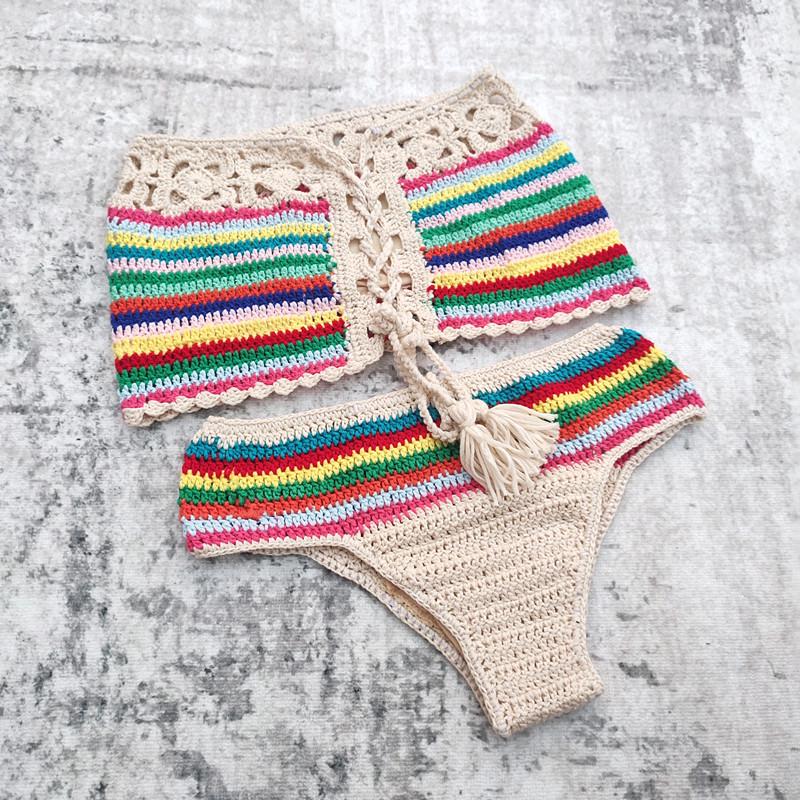 

Вязаный крючком полосатый купальник ручной работы в европейском и американском стиле L