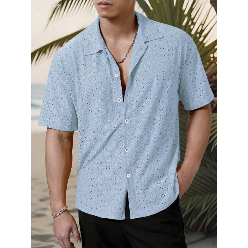 Men Notch Collar Short Sleeve Shirt Hollow Eyelet Jacquard Textured Full Button Loose Vacation Breathable Casual Blouse