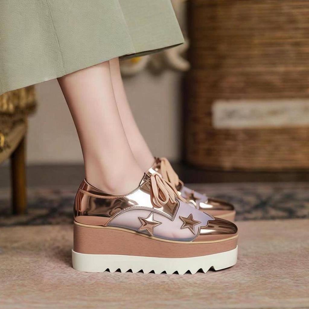 Korean 2025 Star Patent Leather Wedge Heels - Women's Stylish Thick-Soled Platform Shoes with Square Toe In Casual British Style