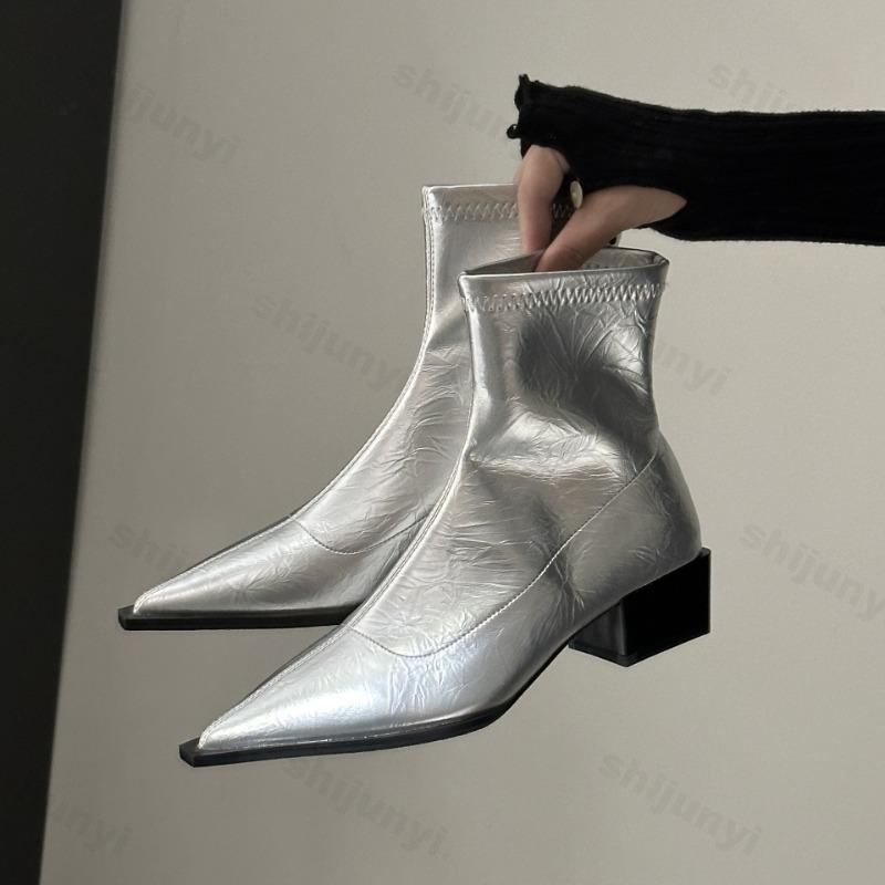 Autumn Women Ankle Boots Pointed Toe 2026 Fashion Ladies Short Boot Square Low Heel Casual Pumps Sexy Chelsea Boots Botas Mujer