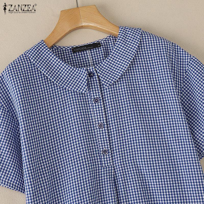 ZANZEA Women Casual Doll Collar Summer Short Sleeve Grid Print Dress