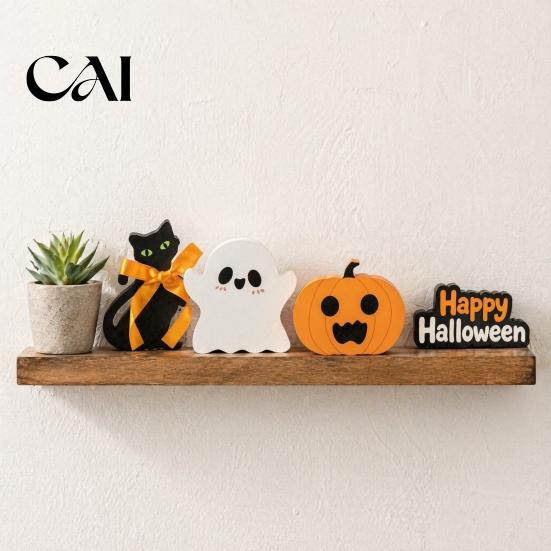 Decorative Wood Pieces for Gatherings 3Pcs/Set Halloween Tiered Tray Decorations, Cute Ghost Pumpkin Black Cat Festive Orange And Tabletop Displays
