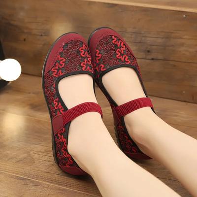 Damskie modne okrągłe palce bordowe zapinane na klamrę siateczkowe oddychające płaskie buty lady casual retro chiński haft kwiatowy ba328