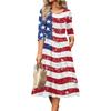 Women Casual Round Neck Three Quarter Sleeve Waist Cinched Independence Day Dress Spring Autumn Midi Length Star Print