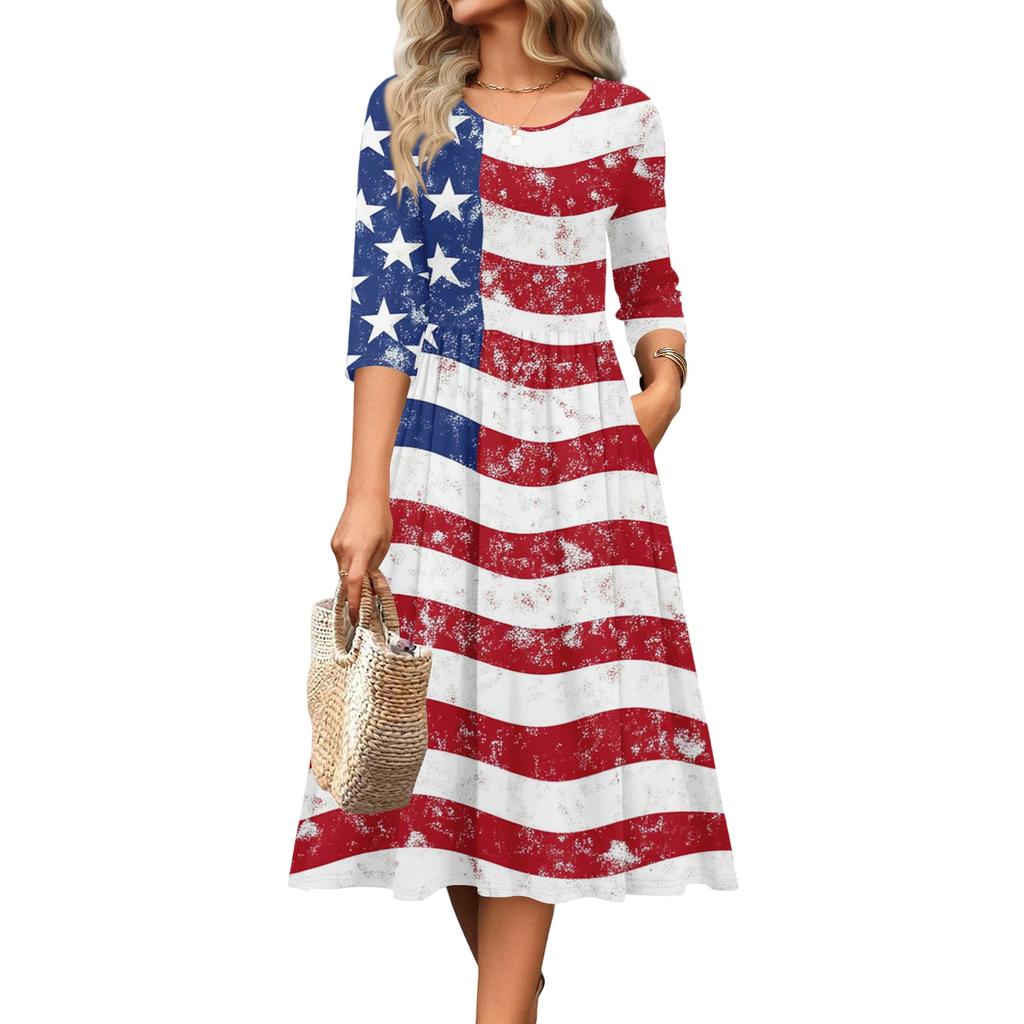 Women Casual Round Neck Three Quarter Sleeve Waist Cinched Independence Day Dress Spring Autumn Midi Length Star Print