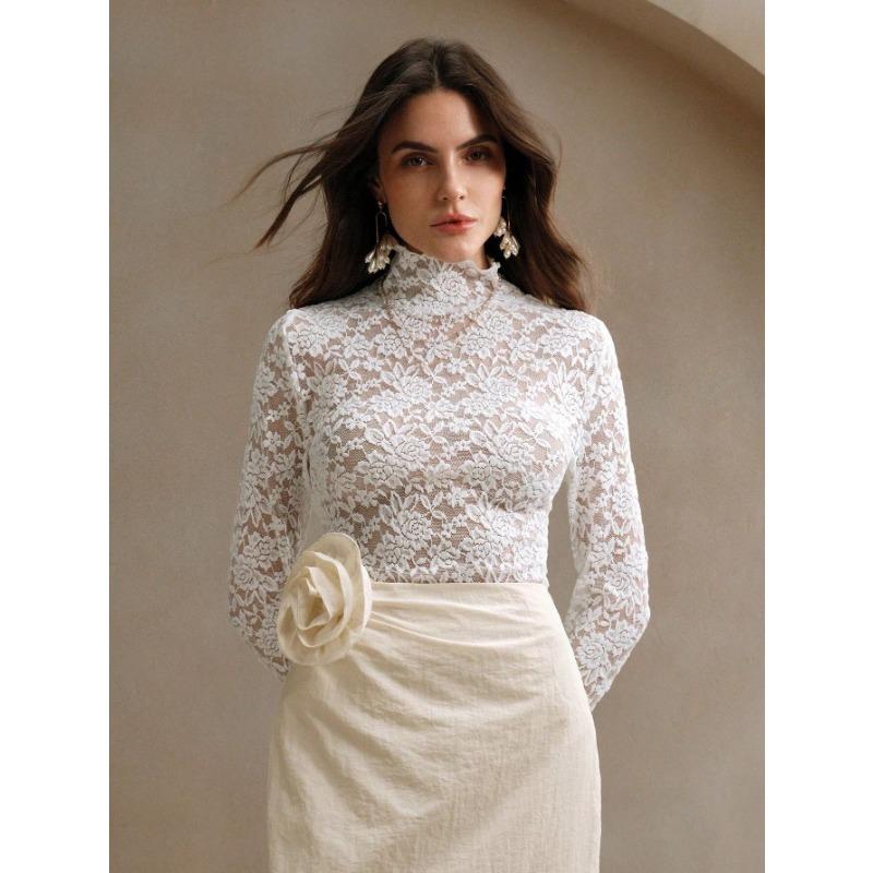 Spring Women's Lace Long Sleeve Stretch High Neck T-Shirt
