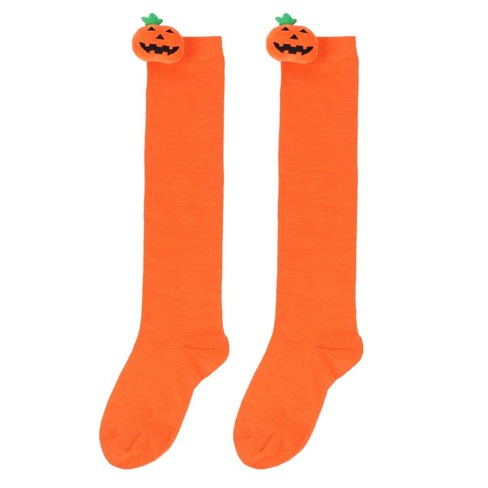 Cute Cartoon Pumpkin Doll Long Tube Socks For Kids Polyester Fabric Friction-resistant Striped/plaid Pattern Packaged In A Bag
