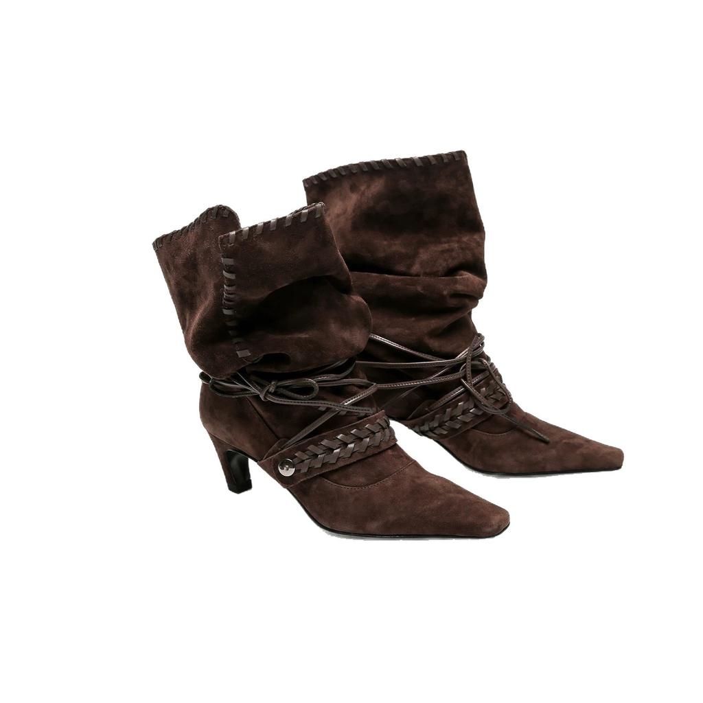 Sheepskin Version~ Nomadic Niche Suede Small Square Head High Heel Western Cowboy Boots Women's Pleated Thin Boots Medium Boots