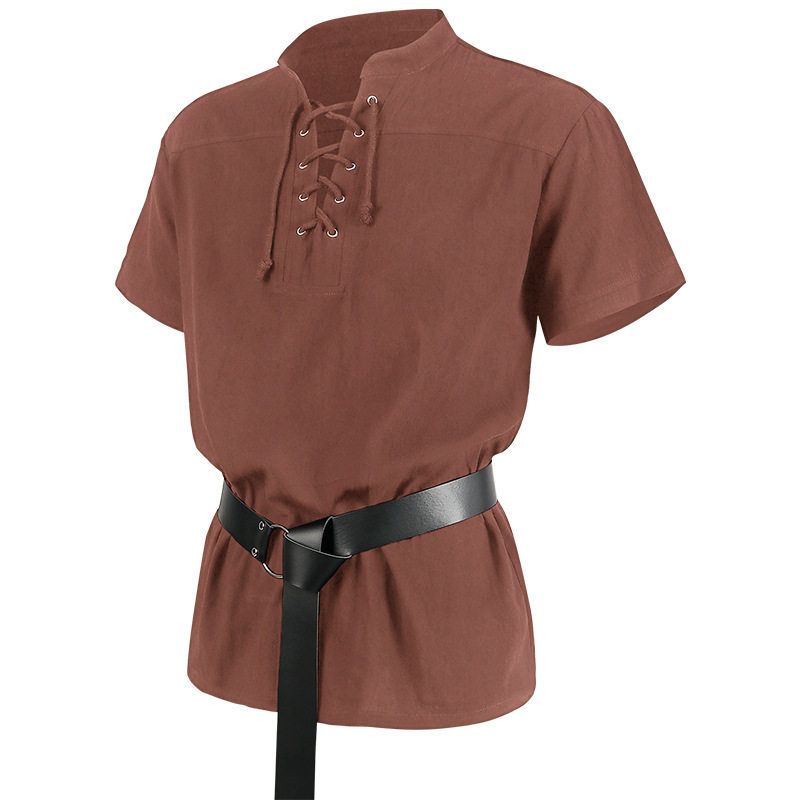 High-Quality Fashionable Men's Bandage Short-Sleeved Medieval Renaissance Shirt Gothic Men's Warrior Shirt for Men