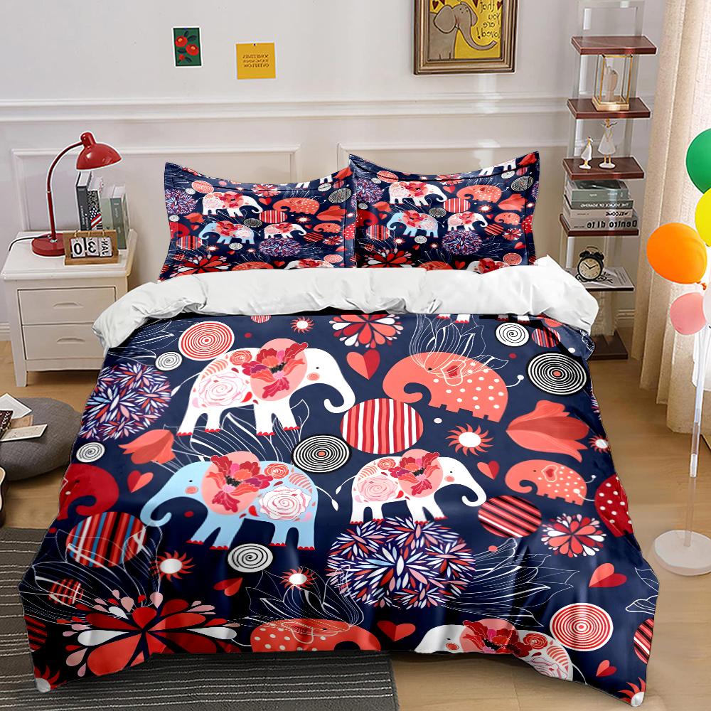 3pcs Colorful elephants with floral Pattern Duvet Cover Set Digital Print Polyester Bedding with Zipper Closur for kids gifts