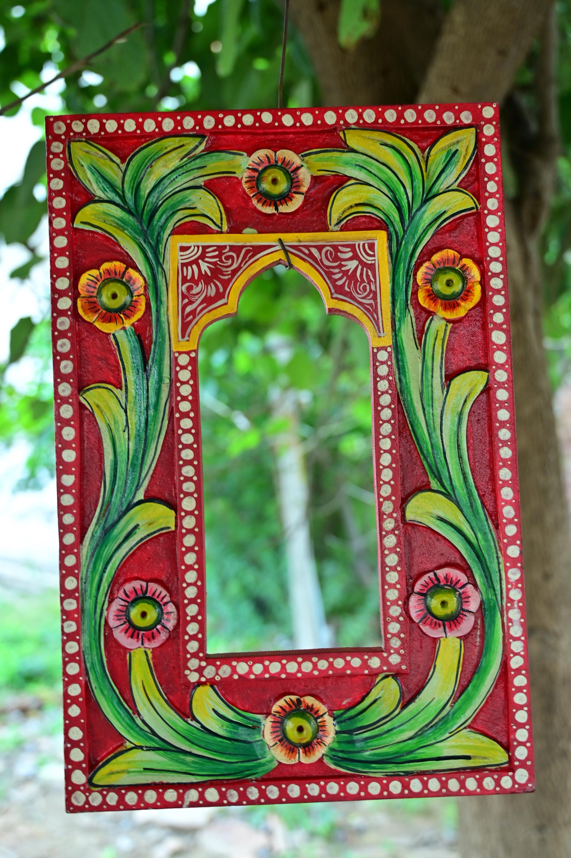 Hand Carved Wooden Jharokha Wall Decor: Bright Painted Flower Design Indian Frame 18” X 9” X 24” (l x w x h) разноцветный