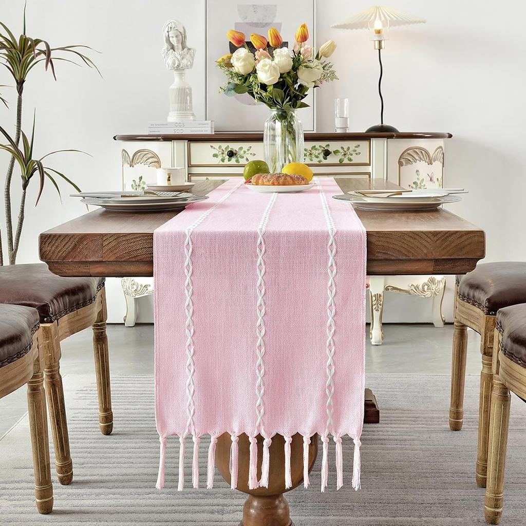 Party, Dresser Decor and Dining Room Decorations Rustic Cotton Linen Table Runner  with Hand-Tassels