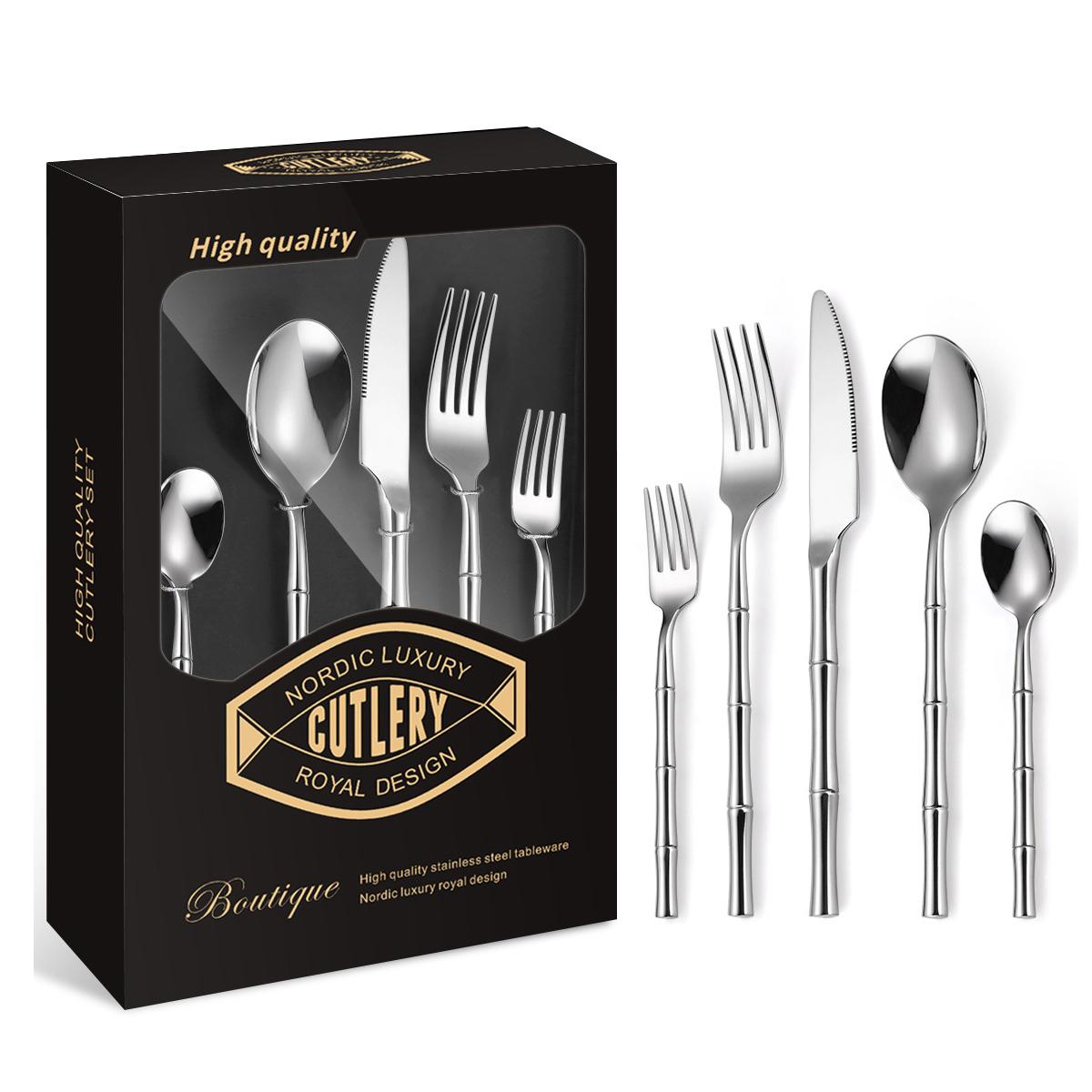 

Американский набор посуды из нержавеющей стали 304, позолоченная западная кухня, отель, бамбуковый узел, круглая ручка, набор из 5 ножей, вилки, ложки