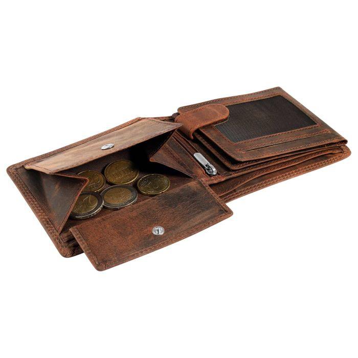 Portefeuille homme - AKZENT - RFID horizontal tête de mort - Cuir véritable - Marron - Bouton-pression