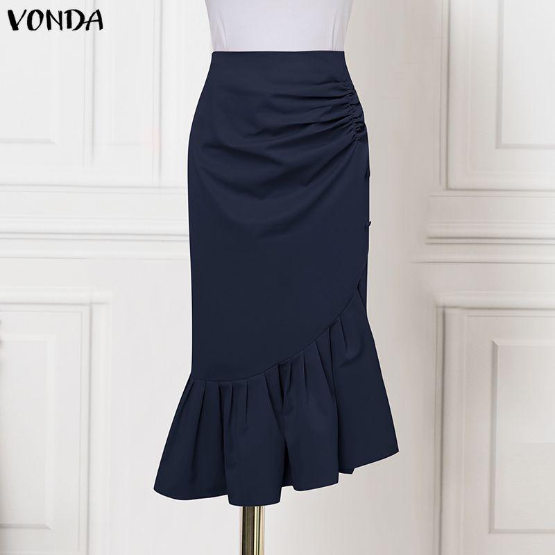 VONDA Elegant Women Ruffled Zip-up Waist Side Splits Irregular Casual Party Skirts Dress
