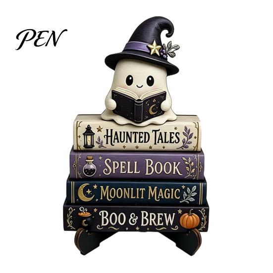 Cute Ghost Figurine Halloween Reading Figurine, Wooden Desktop Ornaments, Vintage Style Window Ornaments Statue with Stand for Home Tabletop Fireplace