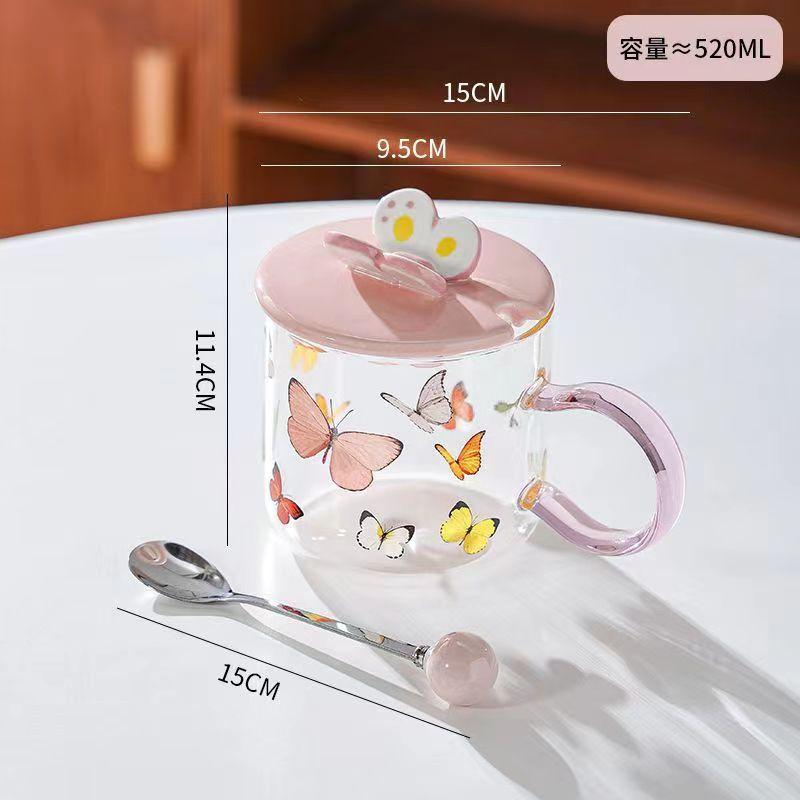 Sklenice s motýlem Odolná vůči vysokým teplotám Sklenice na vodu pro dívky s víčkem a lžičkou Snídaňová sklenice pro domácí použití Vysoce krásný hrnek