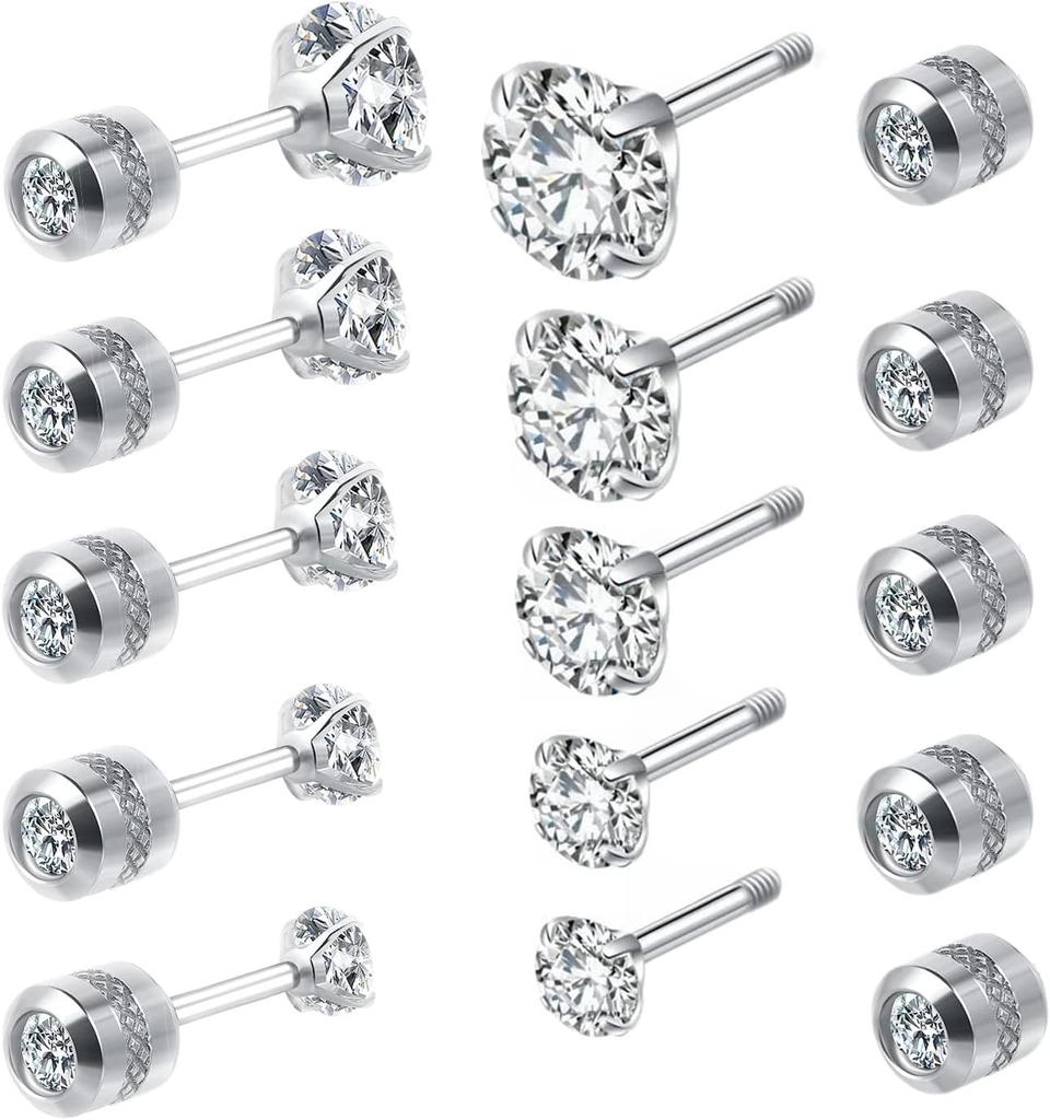 6 Pairs Screw Back Stud Earrings Set Surgical Stainless Steel Double Sided Round Cubic Zirconia Earrings for Women Men