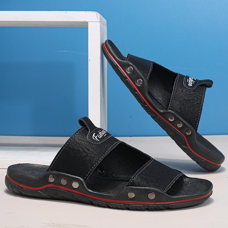 Fashion Summer New Sandal Leather Slippers for Men Beach Shoes High Quality Big Size 49 Slip on Light Flats Male Soft Black Slippers