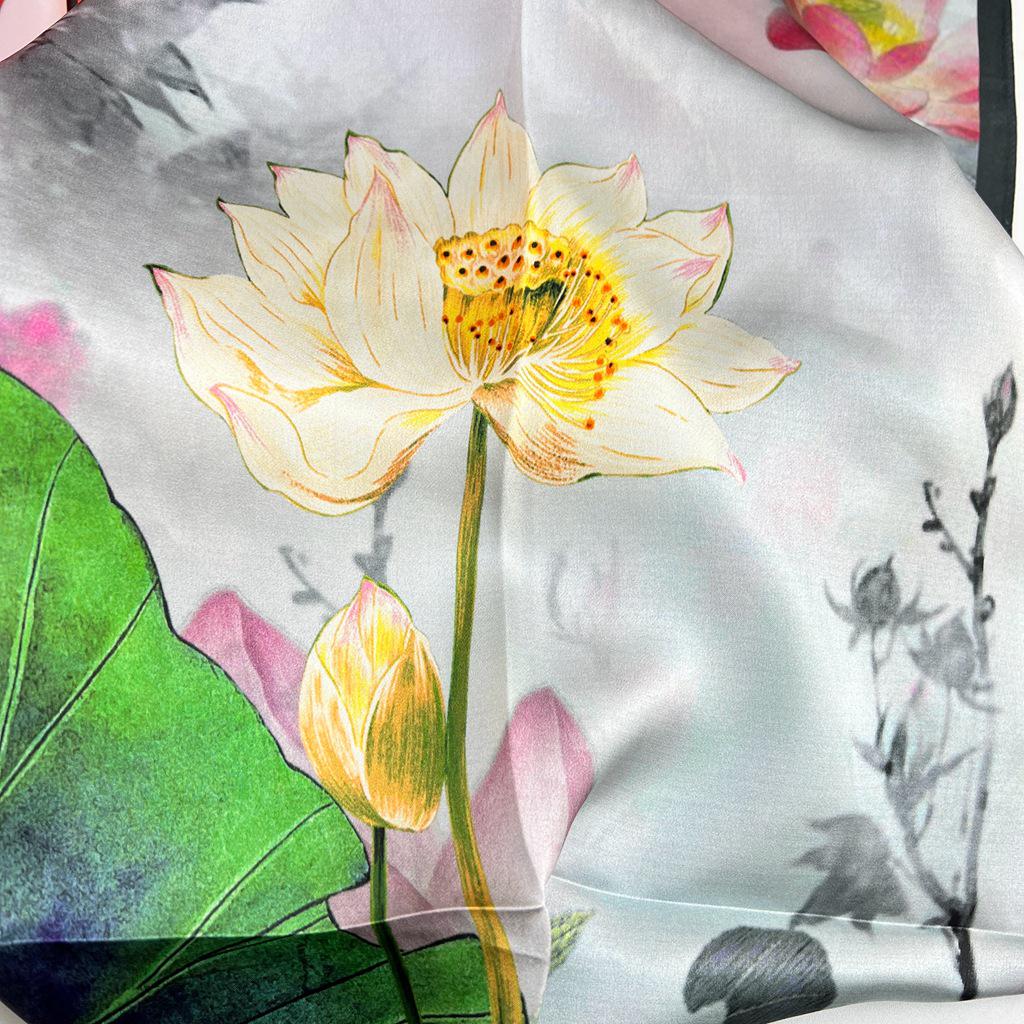 Guochao Lotus Landscape 100% Mulberry Silk Scarf - Versatile Women's Square Shawl