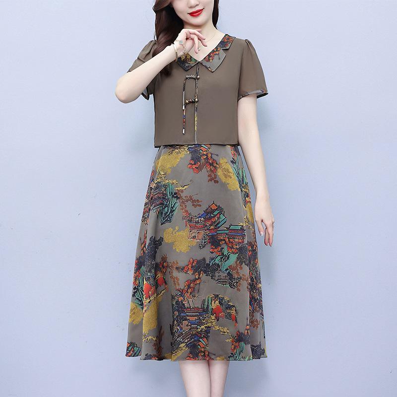 

Элегантное летнее платье ципао для женщин среднего возраста - стиль из двух частей Large хаки