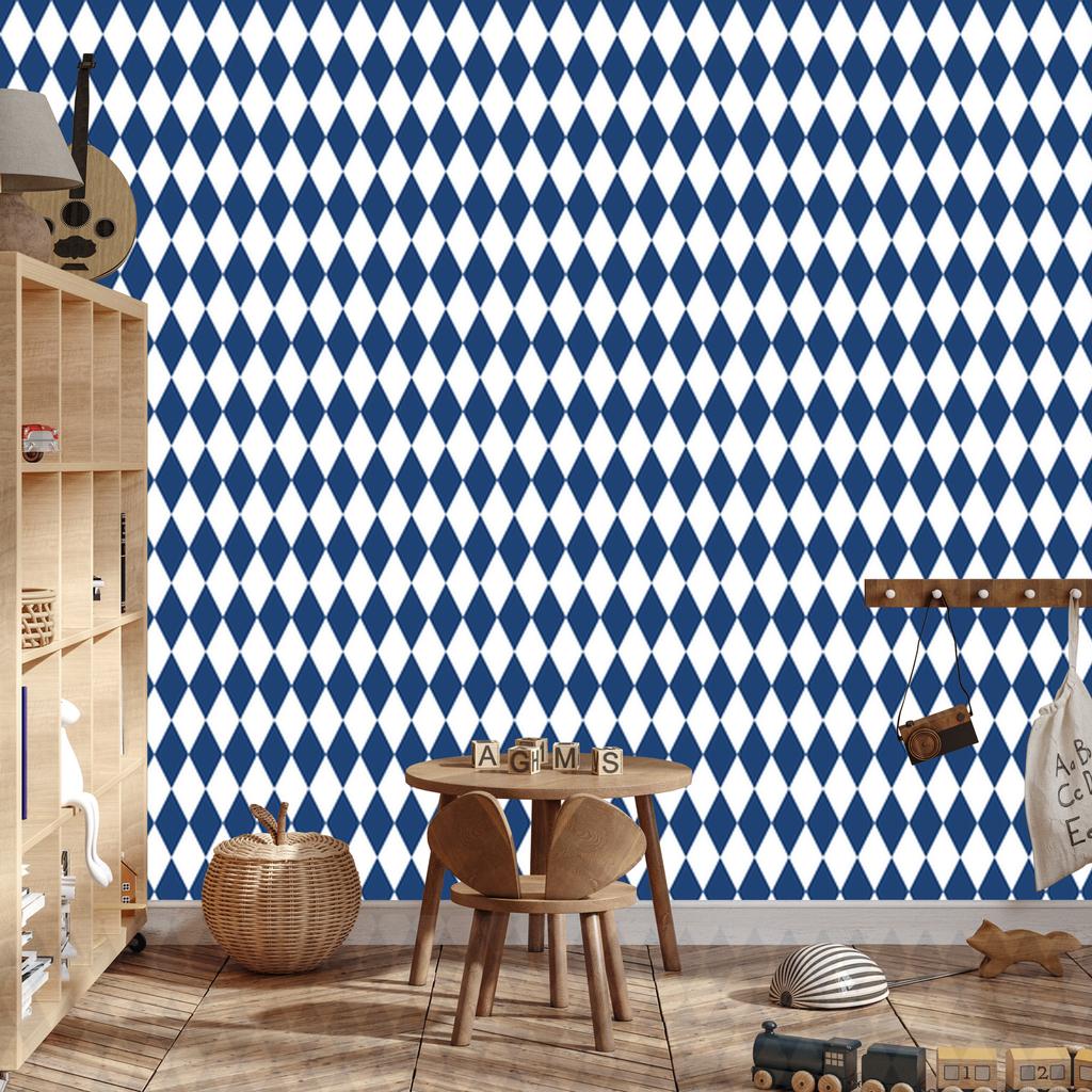 Harlequin Diamonds Wallpaper Blue, Light Gray and White 50x1000
