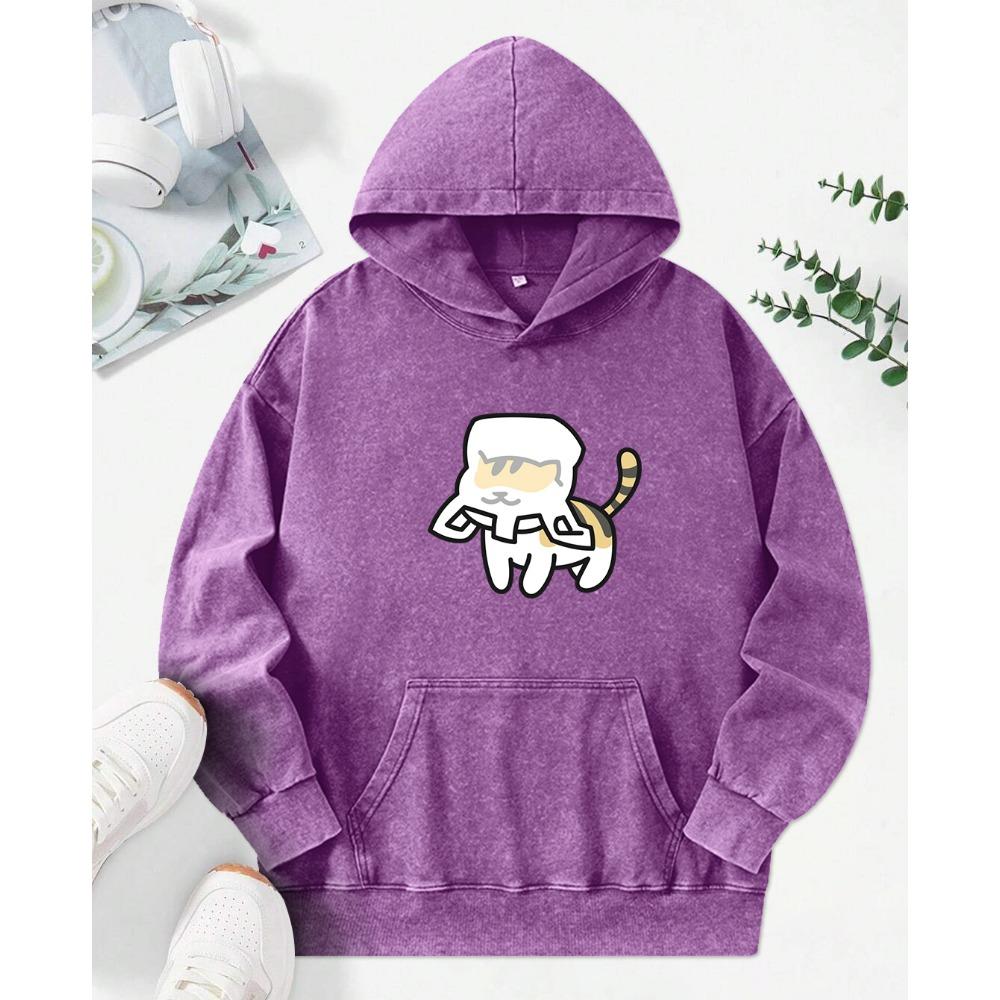 The Cat'S Head Is Wrapped In A Bag Printed Women Washed Hoodie Street Hoody Loose Pocket Tops Cotton Pullovers