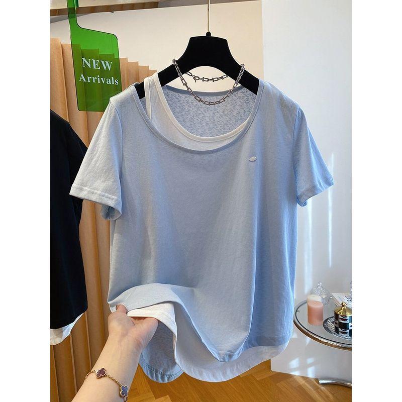 Fat Girl Extra Large Size 150.00kg Fake Two Pieces Short Sleeve T-shirt Women's Top Summer Snowflake Cotton Slimming Slim Fit Top Shirt