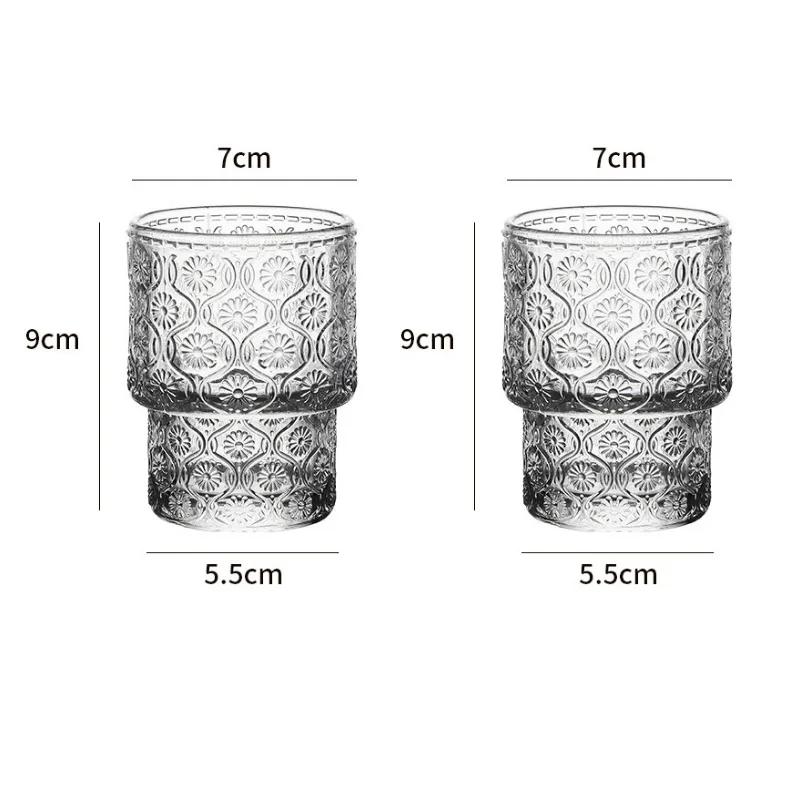 2pcs 200ml Vintage Wine Glass Transparent Coffee Cup Sunflower Pattern Glass Cup Whiskey Glass Bar Accessories Cold Drink Cup 200ml