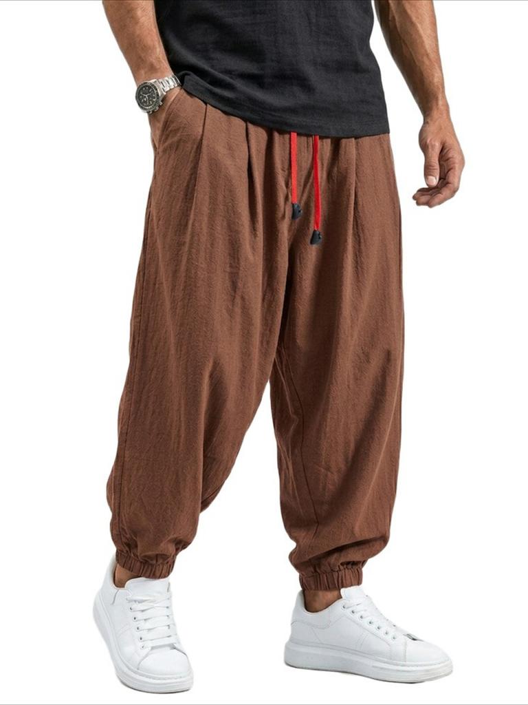 Men's Olive Green Loose Fit Jogger Pants with Contrast Red Drawstring & Cuffed Ankles - Casual Streetwear