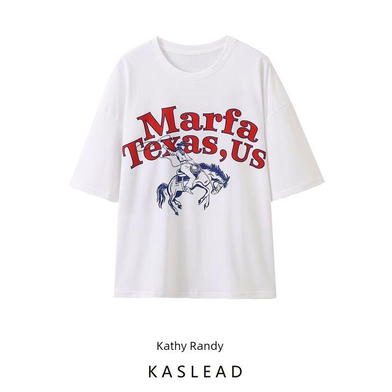 Kaslead New Arrival Women's Fashion Style Stylish Simple and Versatile Casual Round Neck Printed T-shirt 0264809