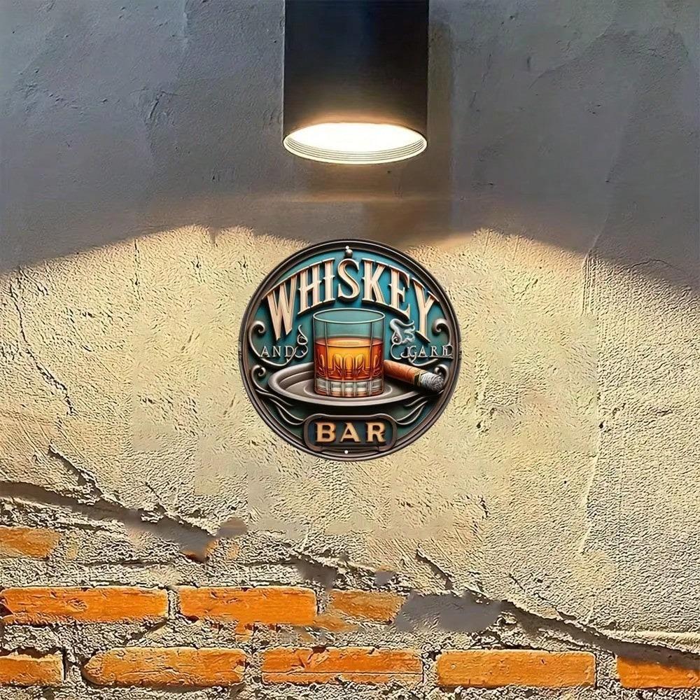 Vintage Whiskey Cigar Tin Sign, Round Metal Art Poster for Home Bar Garage Festive Indoor Outdoor Decor