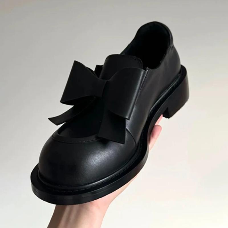 New Vintage Black Gothic Loafers Shoes Women Square Med Heels Y2k Bow Tie Pumps Cute Round Toe Goth Footwear
