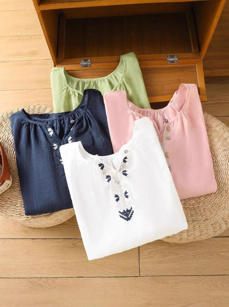 Dámské oblečení v čínském stylu Blůzy Vintage vyšívané košile Volné letní oblečení Krátký rukáv Bavlna Len Dámské topy