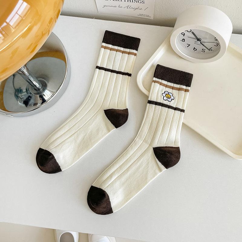 Female Spring and Autumn Pure Color Cotton Striped Embroidered Small Flower Boneless Long Tube Stack Socks