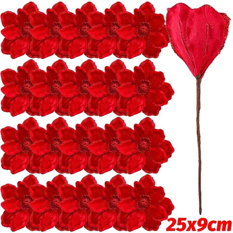 

Wholesale Red Glitter Artificial Christmas Florals with Branch Three-Layer Silk Fake Flower for Xmas Tree Party Ornaments Decor 1PC