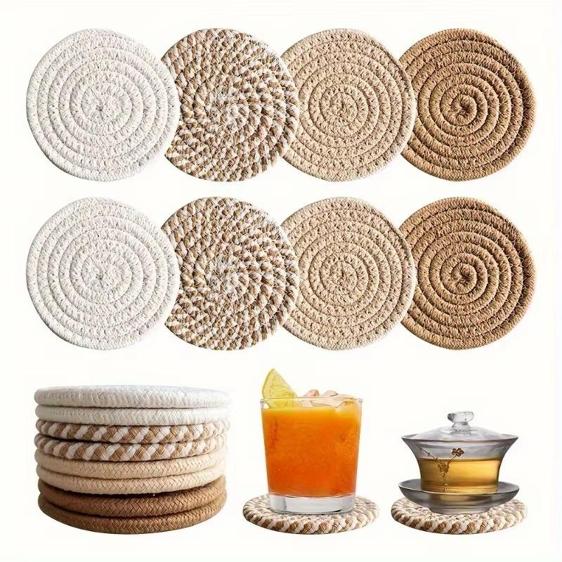 Stylish Woven Drink Coasters with Holder Set, 8Pcs Absorbent Coasters for Home Decoration