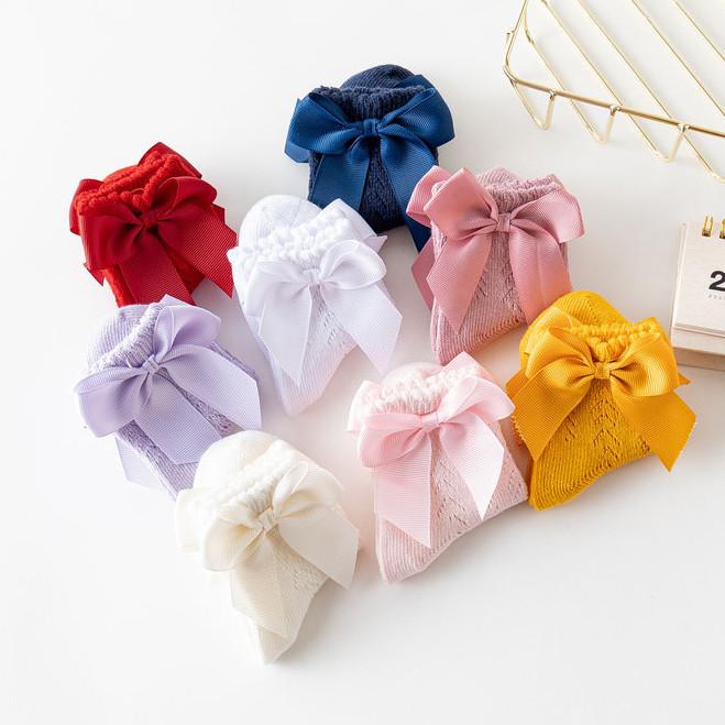 Lovely Baby Infant Girls Socks Kids Pure Color Pink Red Yellow Mesh Ruffle Socks Summer Cute Bow Knot Short Socks