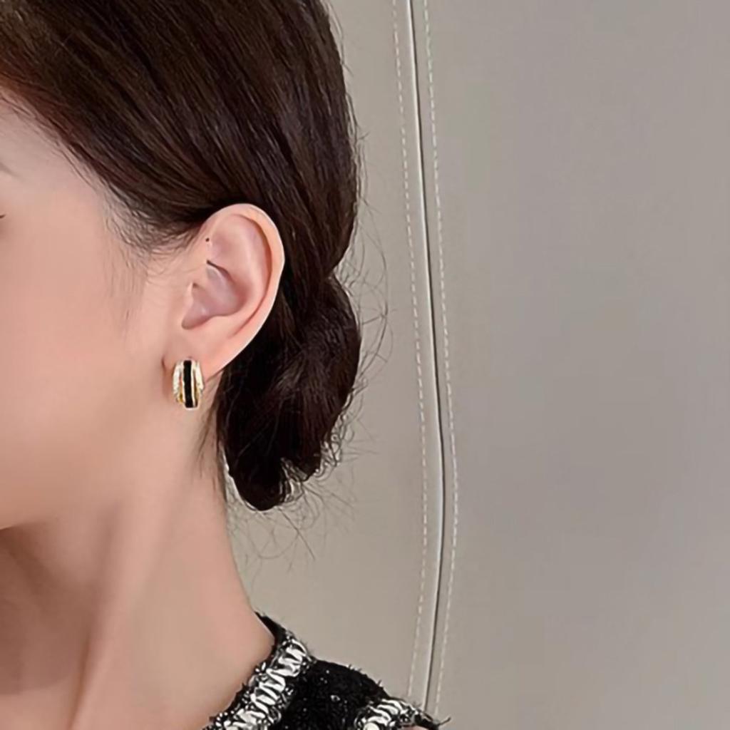 Three Band Enamel and Side Paved Stone Clip On Hoop Earrings Women Elegant Ear Jewelry