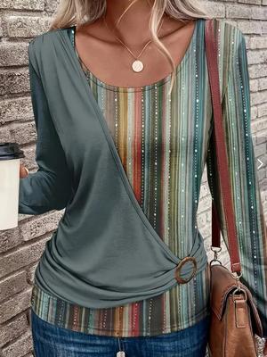 2024 New Round Neck Solid Color Splicing Print Casual Long Sleeve Loose Top T-shirt