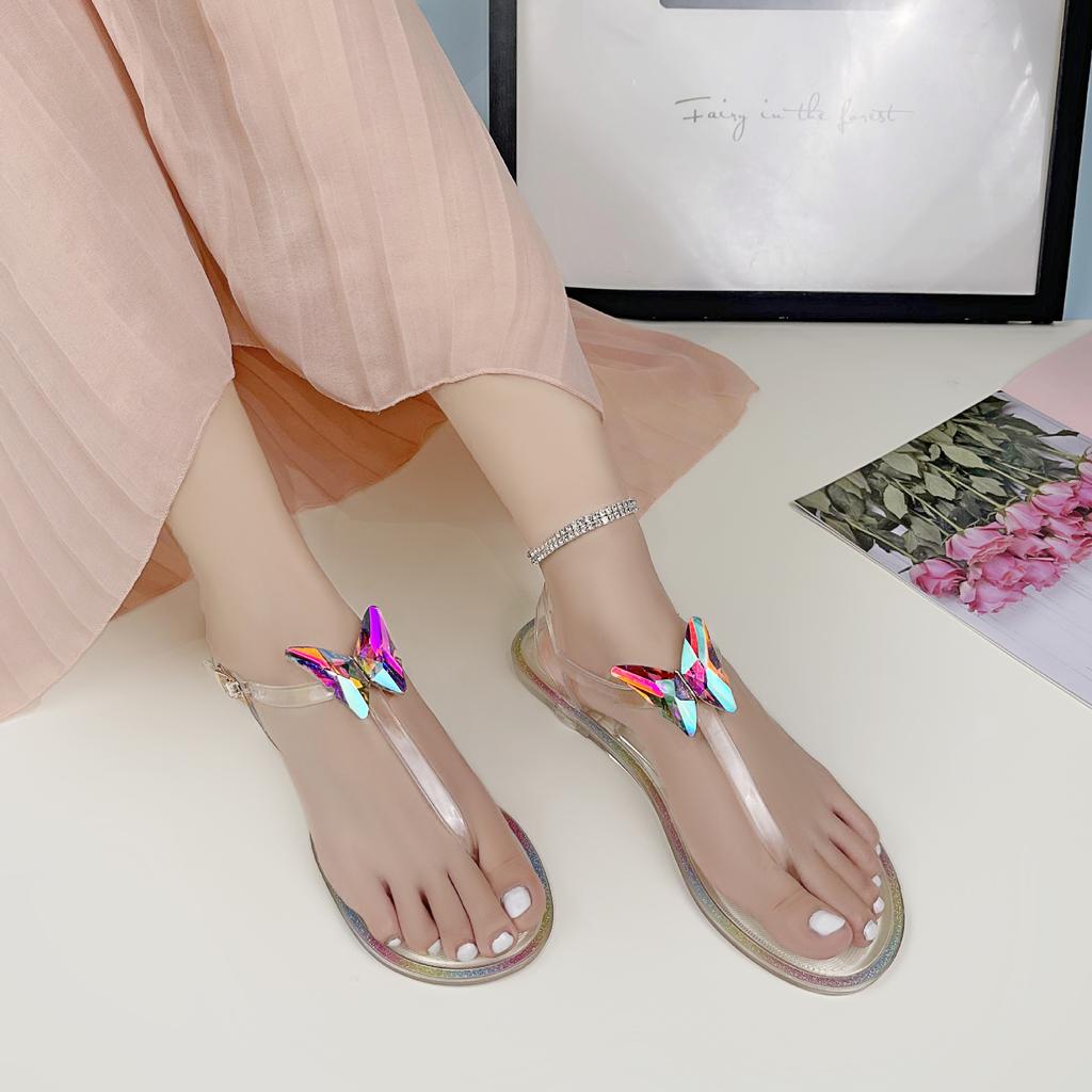 Damen flache Sandalen Schmetterling Dekoration Jelly Slippers Transparentes PVC Bequem für draußen Strand