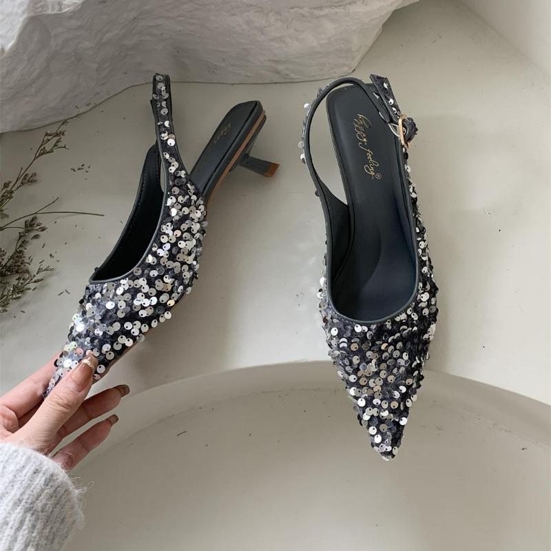 

Fashion Bling Women Sandal Fashion Pointed Toe Shallow Slip On Ladies Elegant Slingback Shoes 4cm Med Heel Pumps Shoes 35