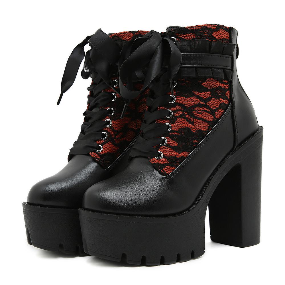 Gdgydh Gothic Lace Patchwork High Heel Ankle Boots for Women Zipper Chunky Heels Platform Short Boots Nightclub Shoes Autumn