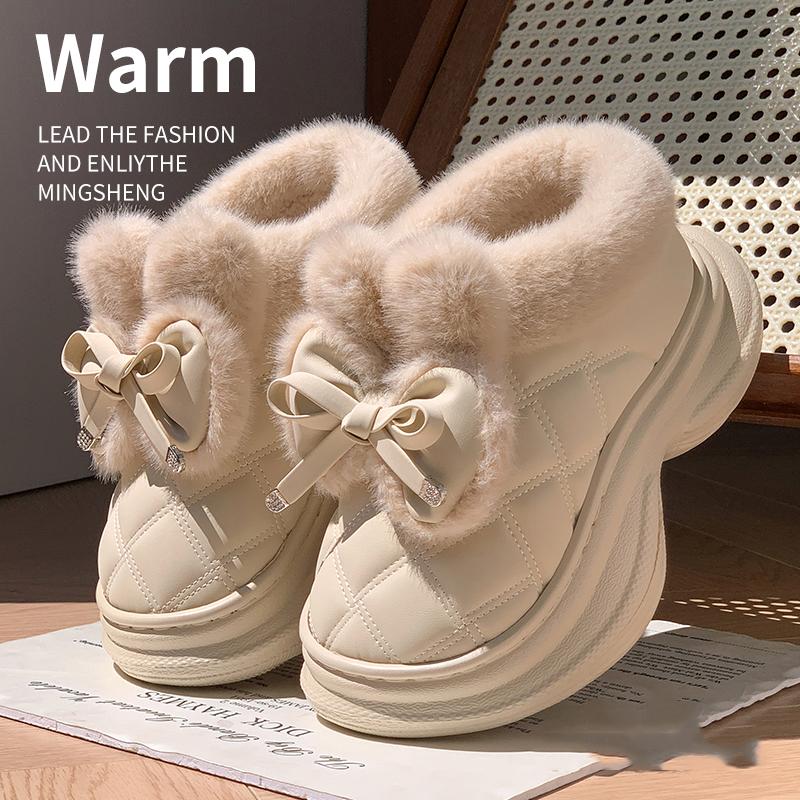 Cute Bowknot Faux Rabbit Fur Warm Snow Boots for Women Winter Thicken Plush Cotton Shoes Woman Thick Platform Fluffy House Shoes