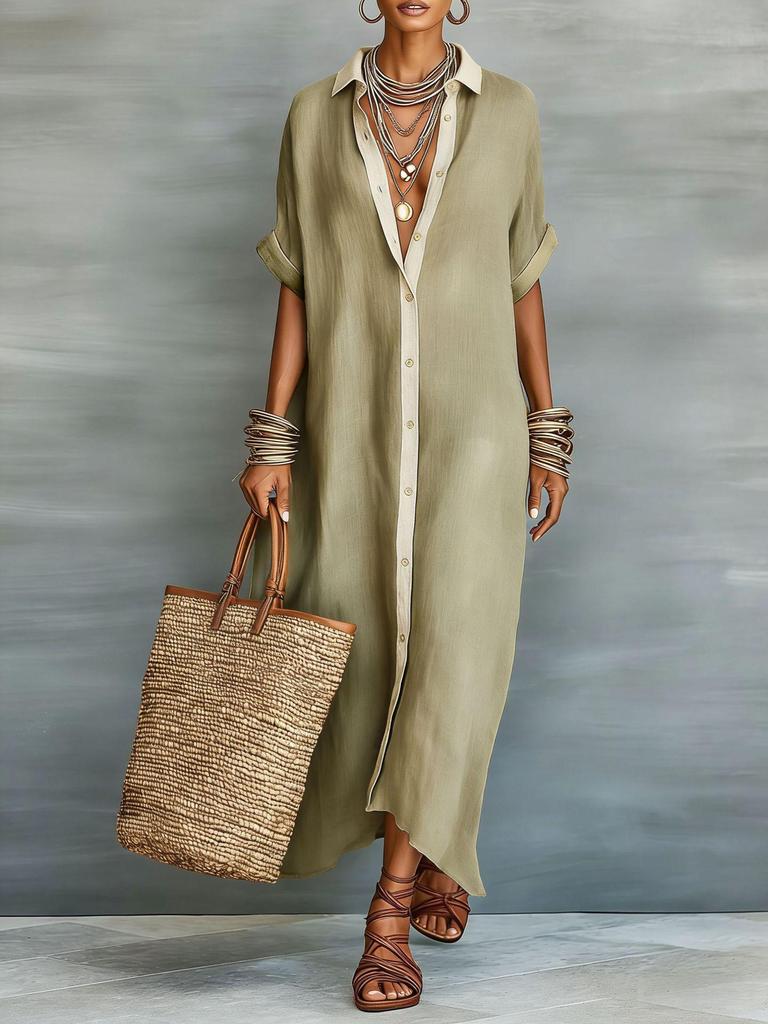 Women's Color Block Loose Cotton Linen Shirt Dress - European & American Fashion 2026