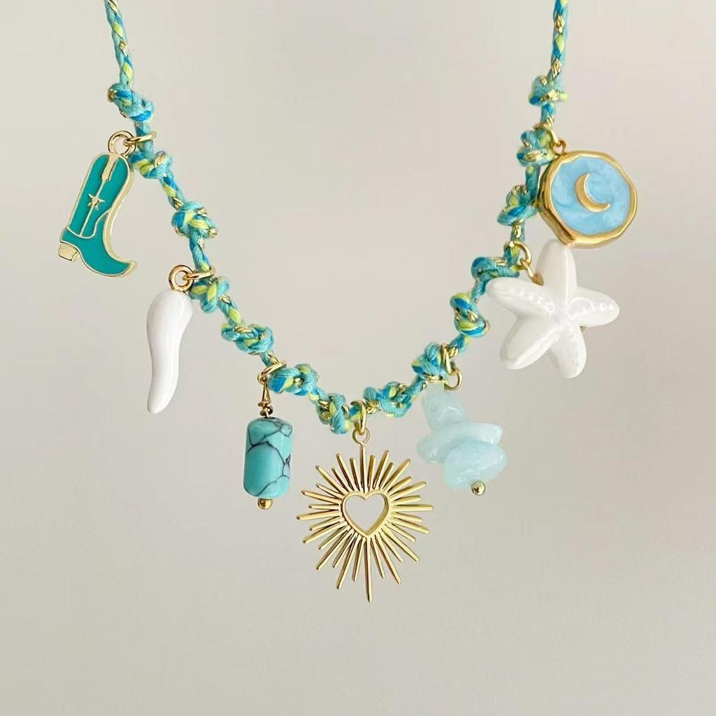 Summer Sea Breeze Starfish & Seashell Heart Pendant Rope Necklace