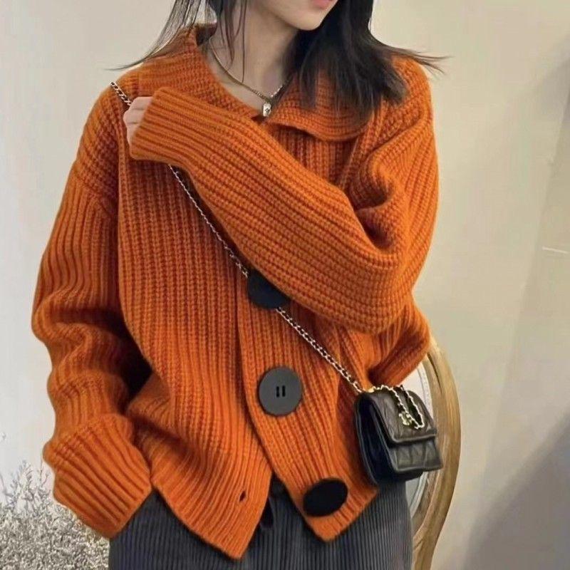 Grey Lapel Loose Fit Cardigan Women's Korean Fashion Button Casual Long Sleeved Knitted Coat Versatile Solid Color Sweater