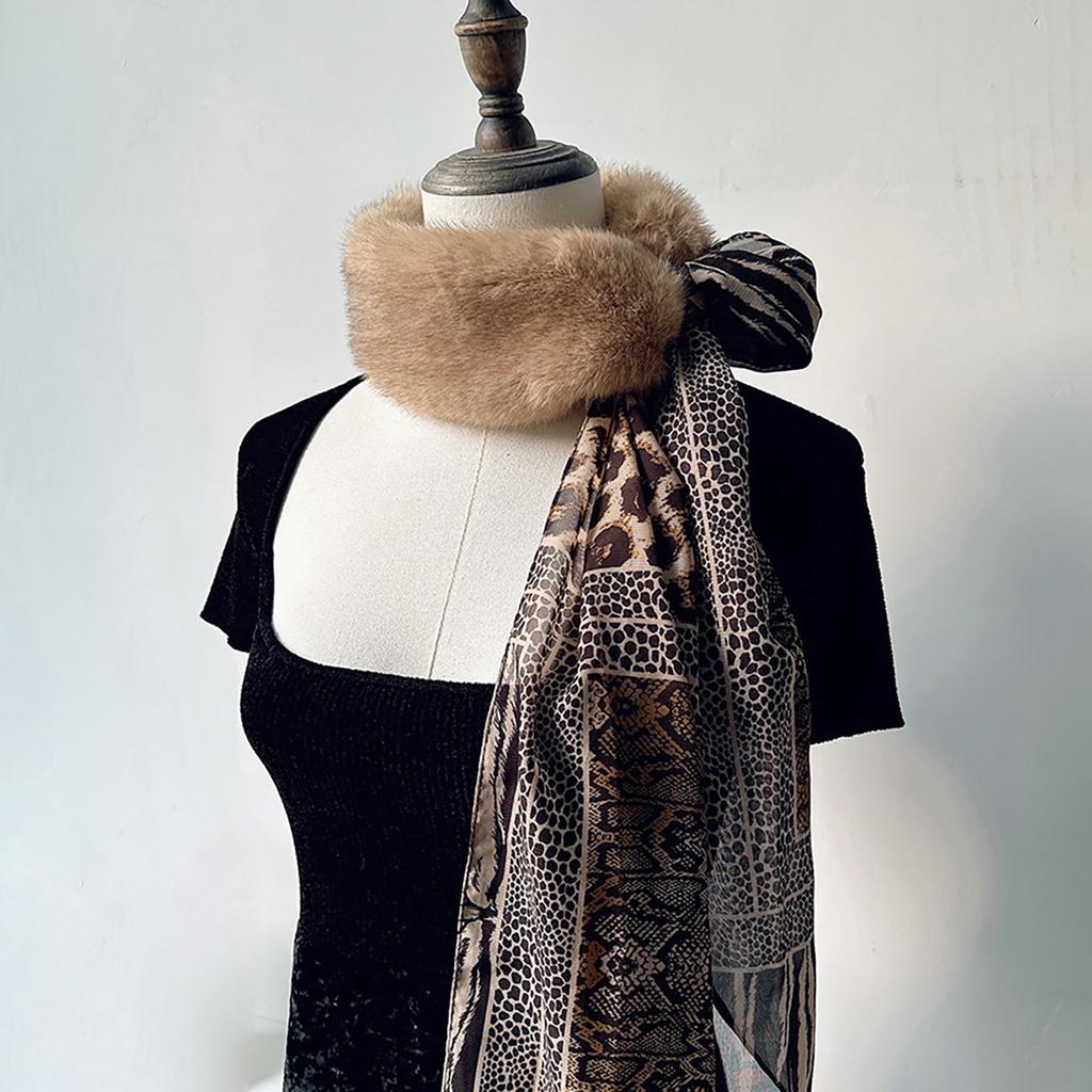 Winter Furry Plush Collar Scarf Women Warm Shawl Wrap Scarves with Silk Ribbon Leopard Pattern Patchwork Neckerchief